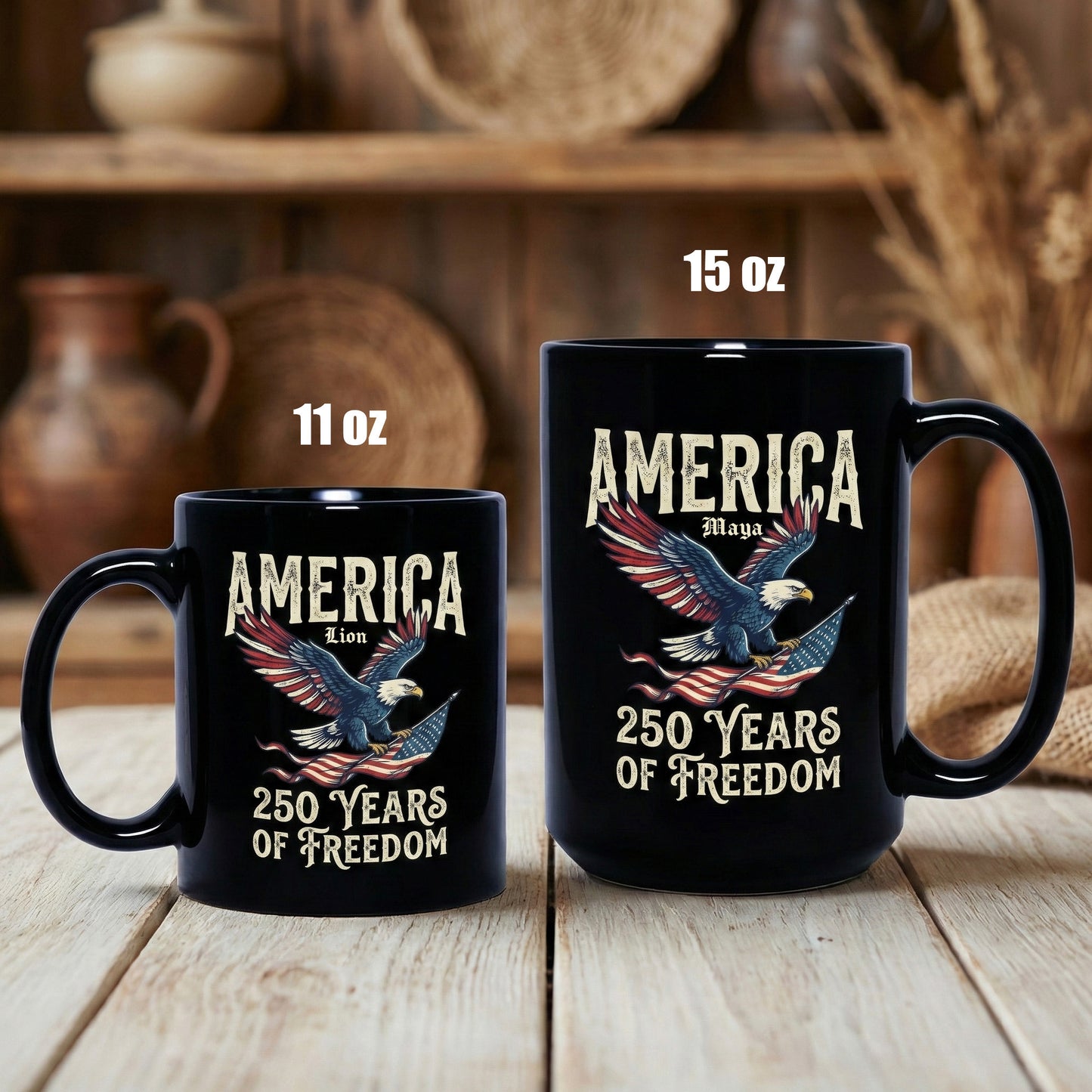 America 250 Years of Freedom Personalized Black Mug – Patriotic Eagle Flag USA Anniversary Mug