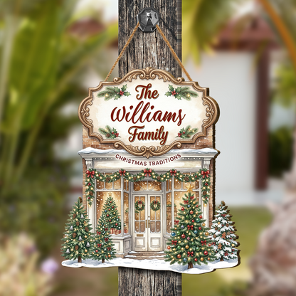 Personalized Christmas Traditions Shop Custom Shape Wood Sign, Custom Family Name Vintage Storefront Wooden Hanging Plaque, Festive Holiday Door & Wall Decor Family Gift