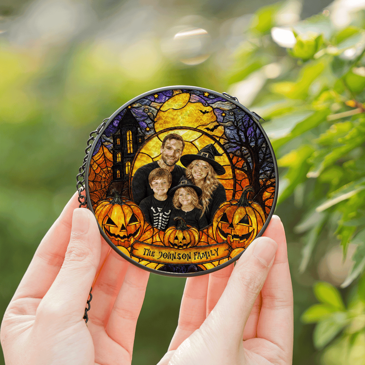 Personalized Halloween Family Custom Photo Witch Haunted House Stained Glass Suncatcher Window Hanging Custom Name Home Wall Decor