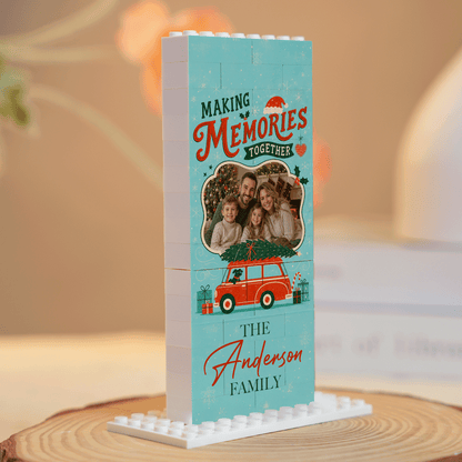 Personalized Photo Christmas Building Block in Teal Blue, Custom Family Name Red Vintage Car & Pine Tree Brick Puzzle Keepsake Decor, Festive Holiday Desk Gift