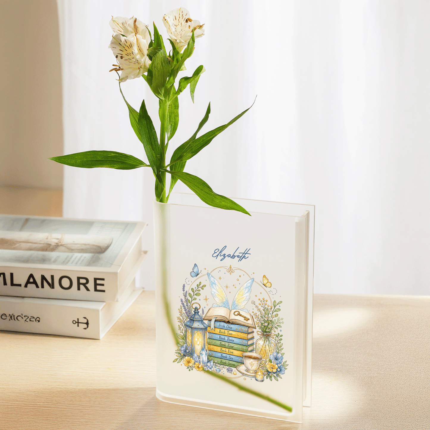 Personalized Book Stack Acrylic Book Vase, Custom Name Reading Flower Vase