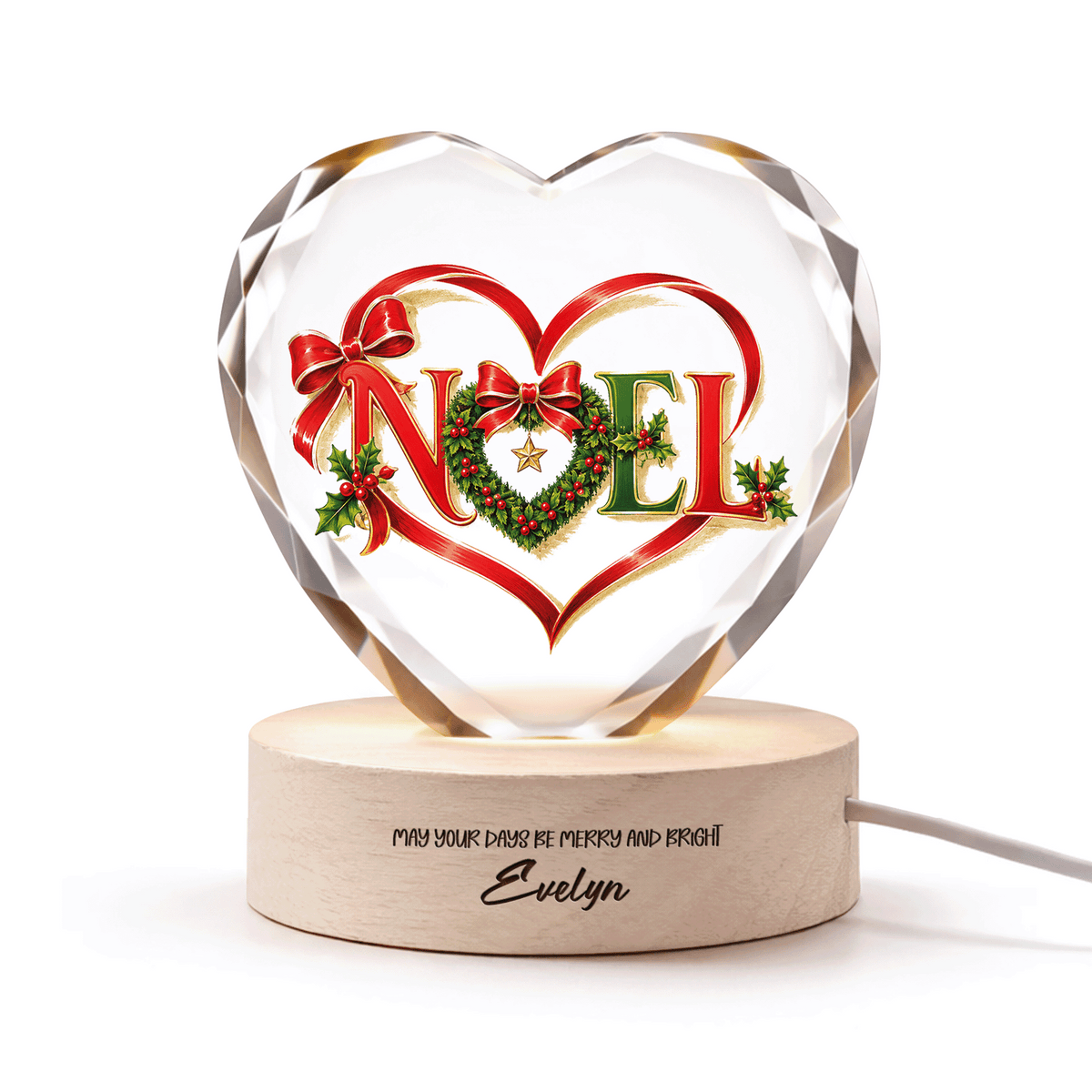 Custom Noel Ribbon Wreath 3D Laser Engraved Crystal Heart with LED Wooden Standee, Personalized Name Holiday Night Light Keepsake