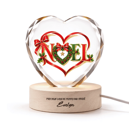 Custom Noel Ribbon Wreath 3D Laser Engraved Crystal Heart with LED Wooden Standee, Personalized Name Holiday Night Light Keepsake