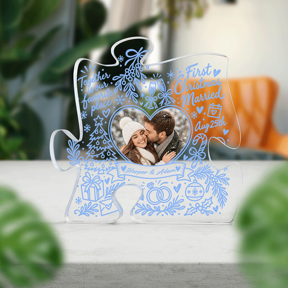 Personalized First Christmas Married Custom Photo Acrylic Puzzle Plaque, Custom Couple Name Date Blue Doodle Xmas Tabletop Keepsake, Newlywed Holiday Gift