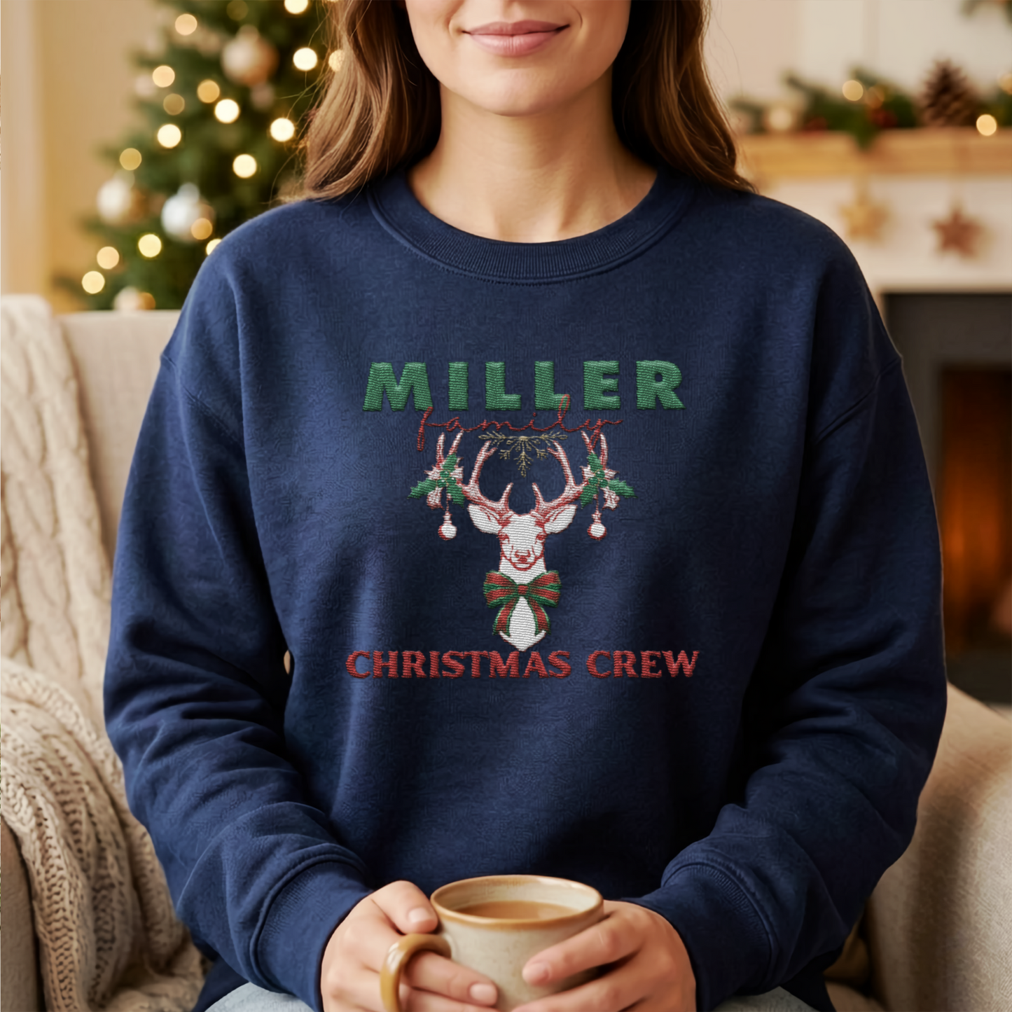 Personalized Christmas Crew Reindeer Embroidered Sweatshirt