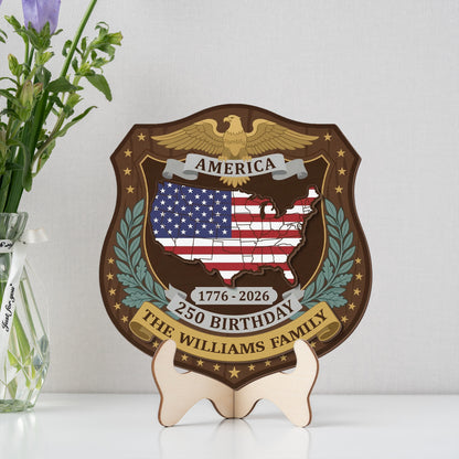 Personalized America 250th Birthday 1776-2026 2-Layer Wood Sign – Custom Family Name Patriotic Door Sign