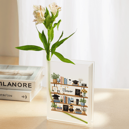 Personalized Graduation Bookshelf Acrylic Book Vase, Custom Name Graduation Flower Vase