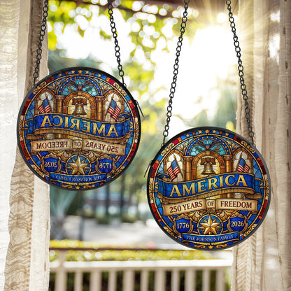 America 250 Years of Freedom Stained Glass Suncatcher – Personalized Family Name Patriotic Window Hanging 1776-2026