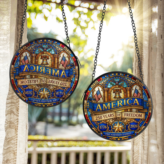 America 250 Years of Freedom Stained Glass Suncatcher - Personalized Family Name Patriotic Window Hanging 1776-2026