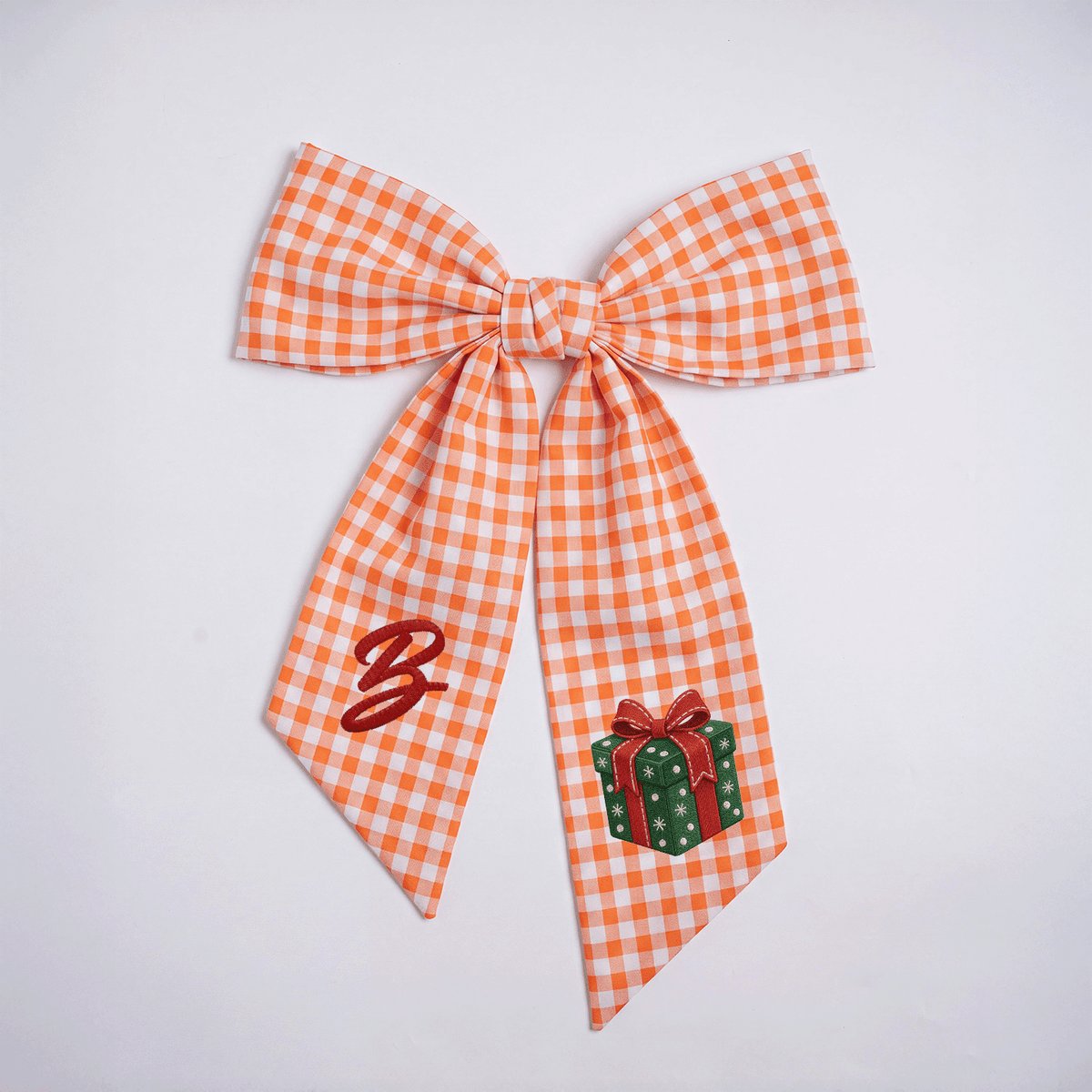 Custom Letter Red Bow Green Gift Box Embroidered Linen Wreath Sash, Personalized Monogram Holiday Bow Sash for Door Decor