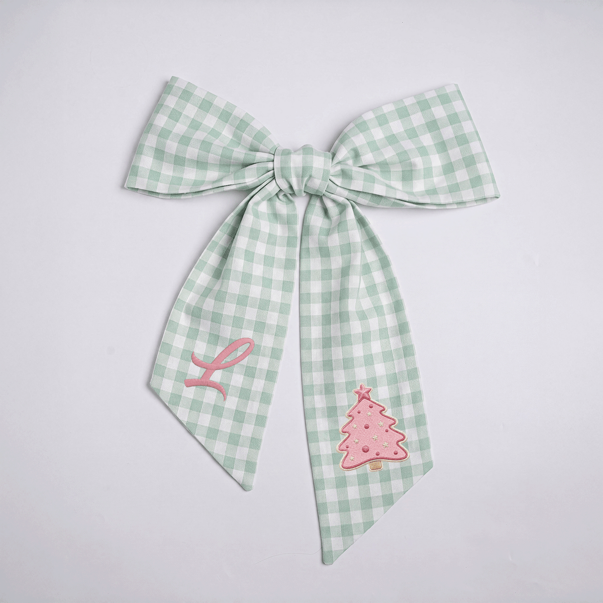 Custom Letter Pink Christmas Tree Embroidered Linen Wreath Sash, Personalized Monogram Holiday Bow Sash for Door Decor