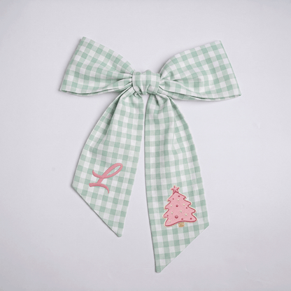 Custom Letter Pink Christmas Tree Embroidered Linen Wreath Sash, Personalized Monogram Holiday Bow Sash for Door Decor