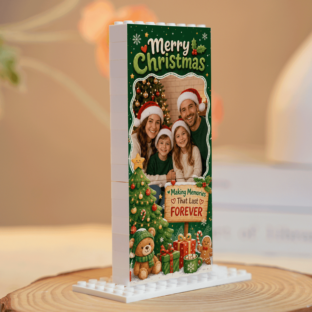 Personalized Photo Christmas Building Block in Forest Green & Red, Custom Family Picture Xmas Tree & Teddy Bear Brick Puzzle Keepsake Decor, Festive Holiday Desk Gift