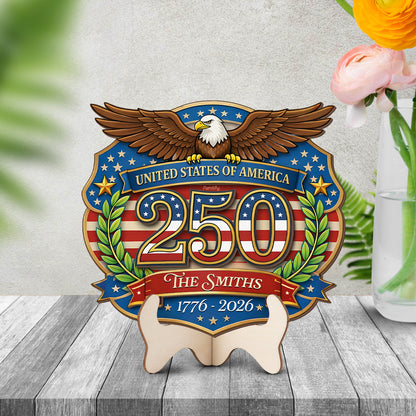 United States of America 250th Anniversary Personalized 2-Layer Wood Sign – Custom Family Name Patriotic Door Sign