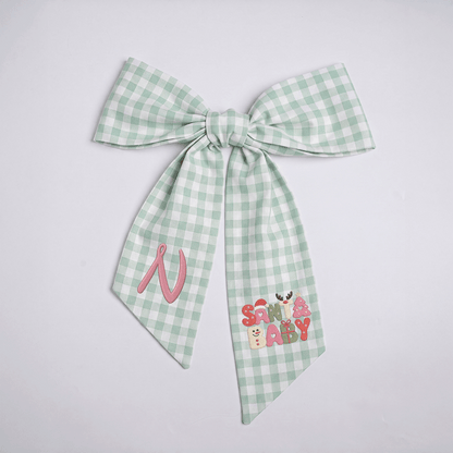 Custom Monogram Santa Baby Embroidered Linen Door Wreath Sash, Personalized Initial Retro Typography Reindeer Pink Tree Holiday Wreath Sash & Front Door Decor
