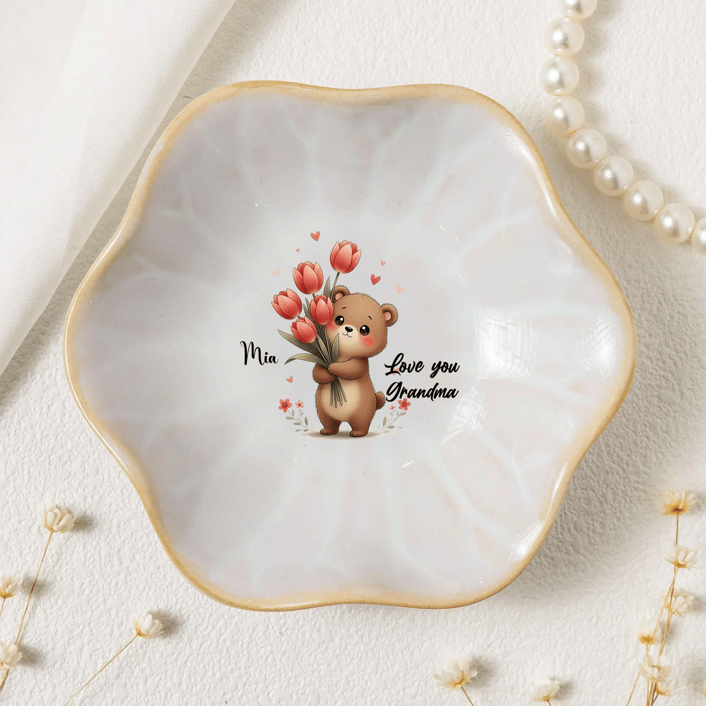 Custom Message Birth Flower Trinket Dish – Personalized Name Center Keepsake for Mom or Grandma