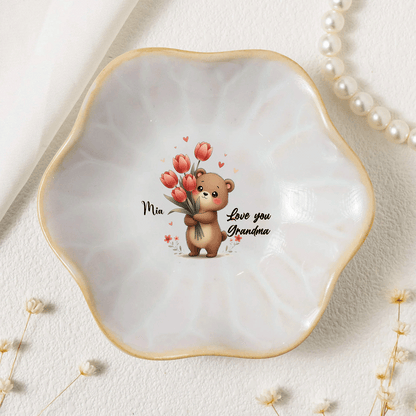 Custom Message Birth Flower Trinket Dish – Personalized Name Center Keepsake for Mom or Grandma
