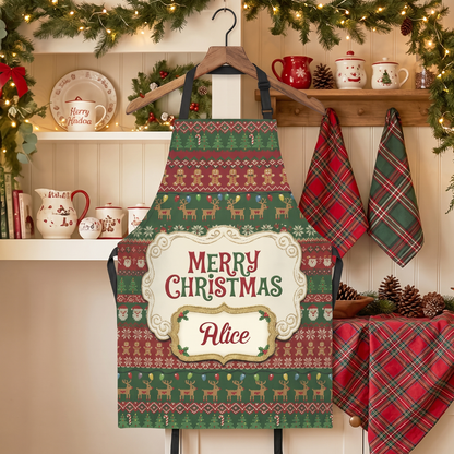 Personalized Merry Christmas Sweater Apron, Custom Name Vintage Holiday Kitchen Cooking Apron