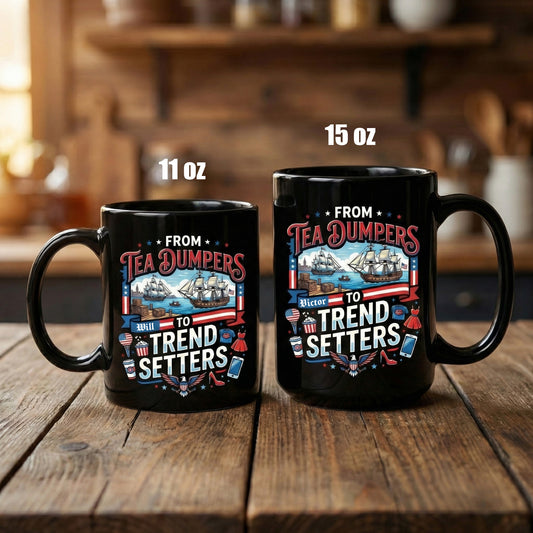 From Tea Dumpers to Trend Setters 250th Anniversary USA Black Mug - Personalized America 1776-2026 Mug