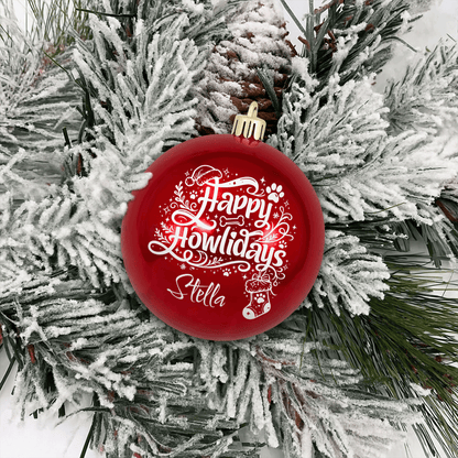 Personalized Dog Name Happy Howlidays Christmas Ball Ornament, Custom Pet Blue Shatterproof Plastic Bauble