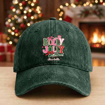 Holly Jolly Christmas Personalized Embroidered Baseball Cap, Custom Name Holiday Hat