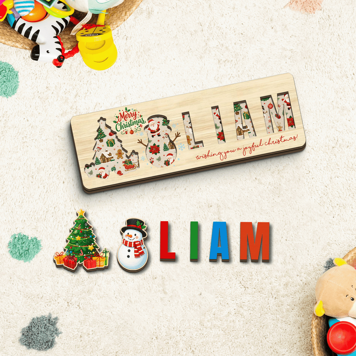 Personalized Christmas Snowman Wooden Puzzle Board - Custom Kids Holiday Learning Toy & Nursery Decor