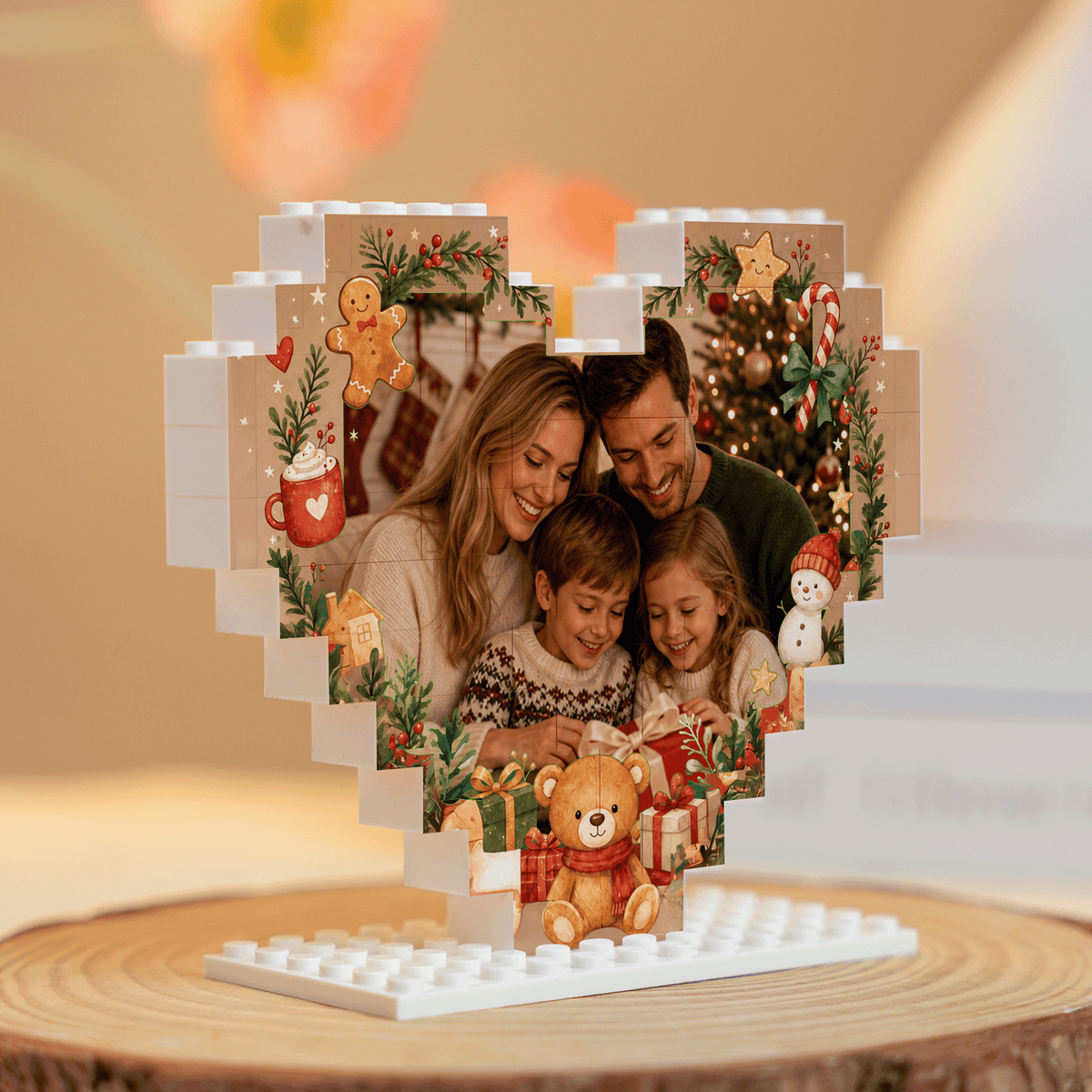 Personalized Photo Heart Building Block in Kraft Brown & Red, Custom Family Picture Gingerbread & Teddy Bear Brick Puzzle Keepsake Decor, Vintage Xmas Desk Gift