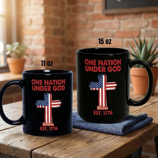 One Nation Under God Est 1776 Personalized Black Mug - Patriotic USA Christian Flag Cross Mug