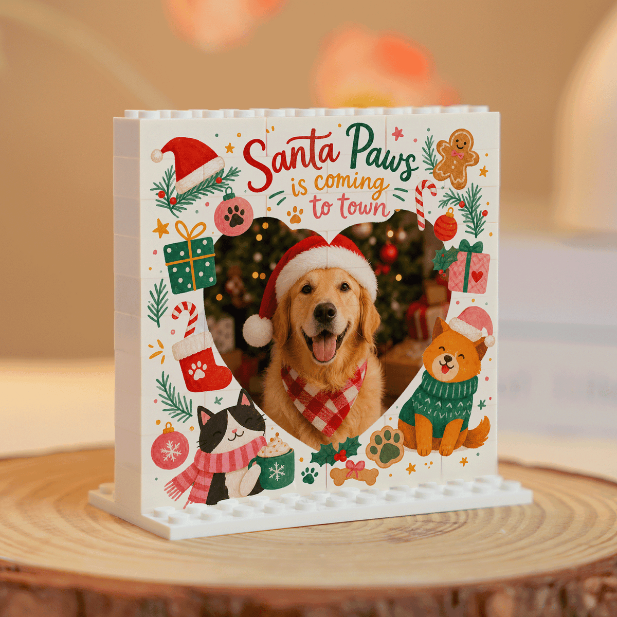 Personalized Photo Christmas Building Block in Cream White, Custom Dog Cat Photo Santa Paws is Coming to Town Cute Pets Brick Puzzle Keepsake Decor, Holiday Gift for Pet Owners
