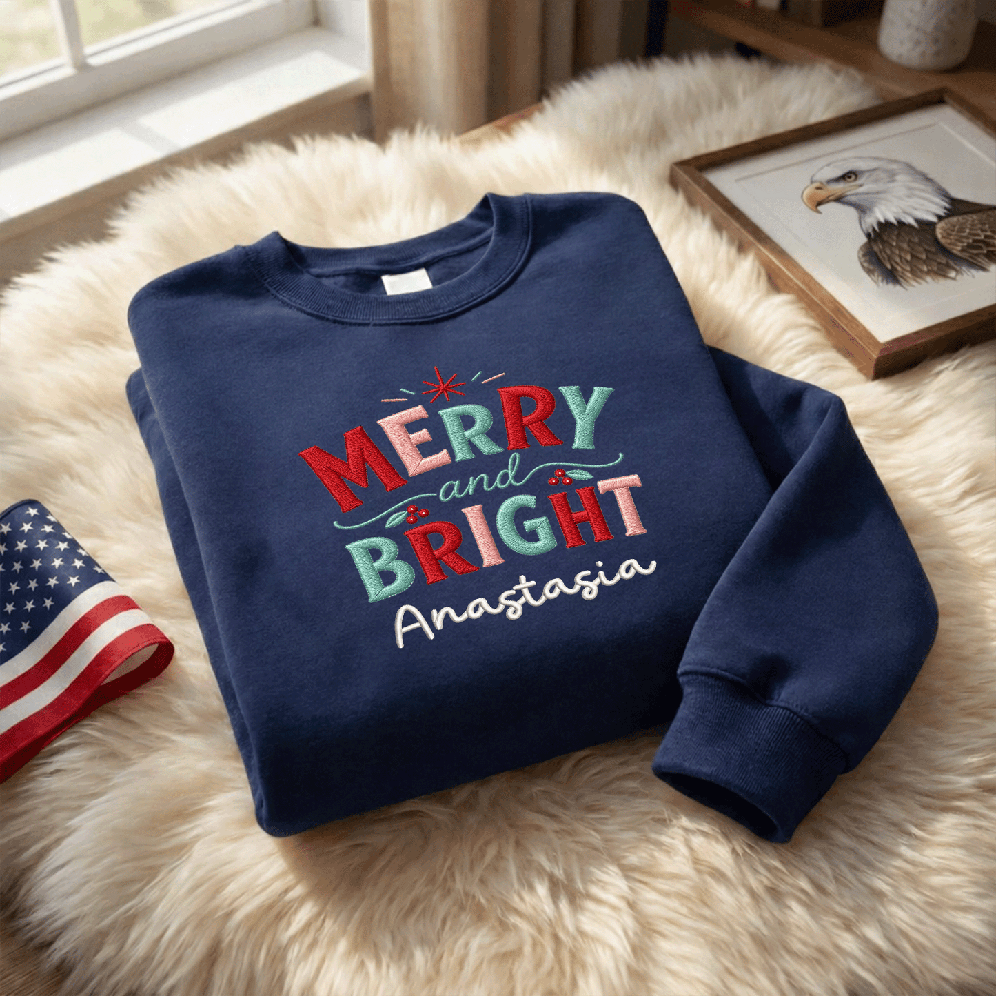 Personalized Embroidered Stay Merry & Shine Bright Sweatshirt with Custom Name