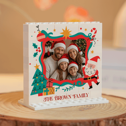 Personalized Photo Christmas Building Block in White, Custom Family Name Santa & Wavy Frame Brick Puzzle Keepsake Decor, Festive Holiday Desk Gift
