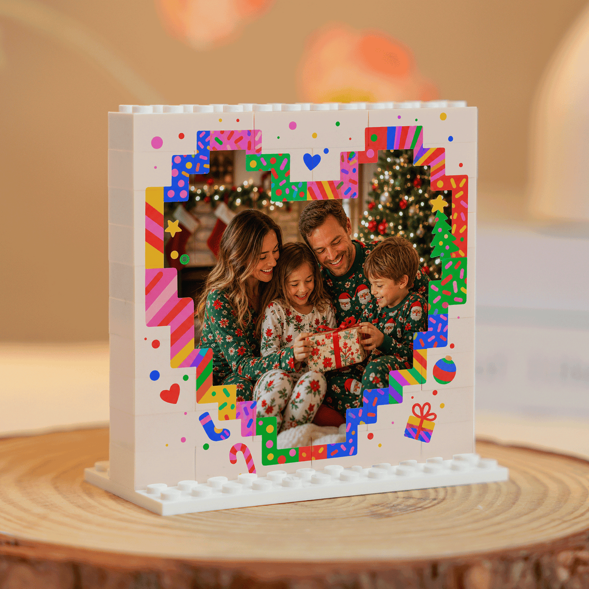 Personalized Photo Christmas Building Block in White, Custom Family Picture Pixel Heart & Colorful Confetti Brick Puzzle Keepsake Decor, Festive Holiday Desk Gift