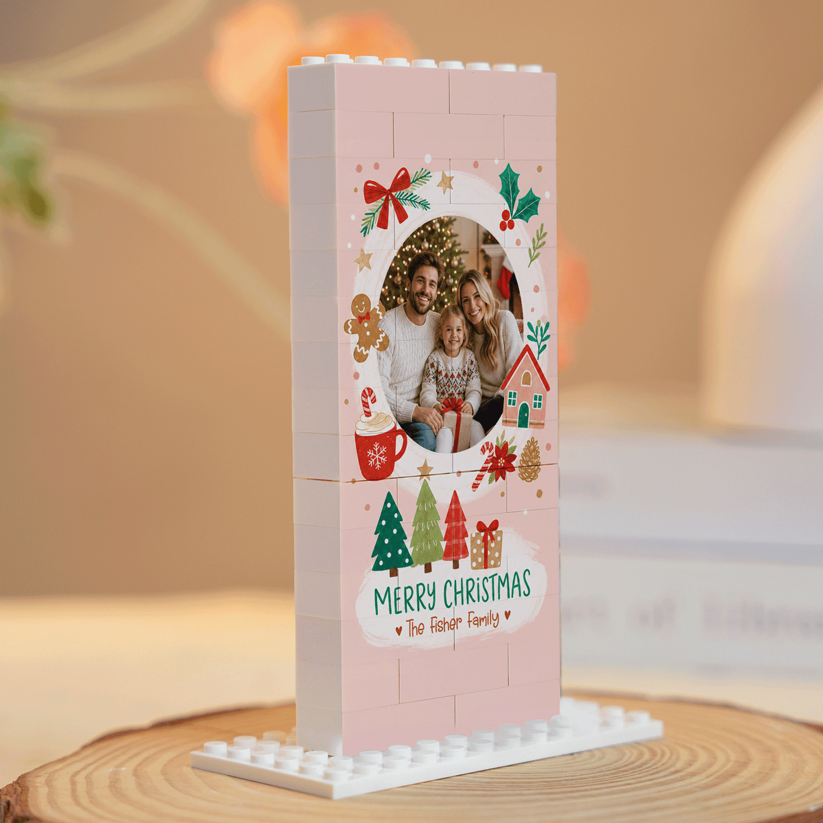 Personalized Photo Christmas Building Block in Blush Pink, Custom Family Name Gingerbread Man & Cozy House Brick Puzzle Keepsake Decor, Festive Holiday Desk Gift