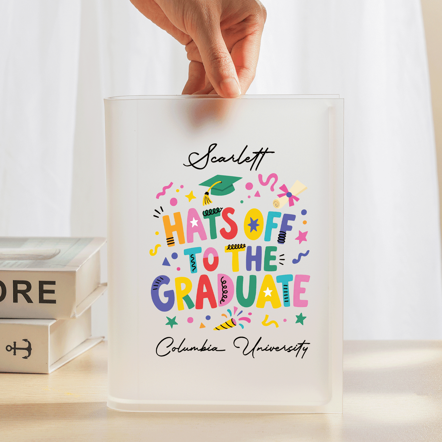 Personalized Hats Off to the Graduate Acrylic Book Vase with Custom Name