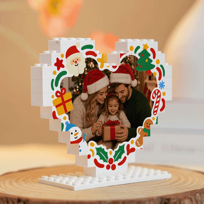 Personalized Photo Heart Building Block in White & Red, Custom Family Picture Doodles Santa & Snowman Brick Puzzle Keepsake Decor, Festive Christmas Desk Gift