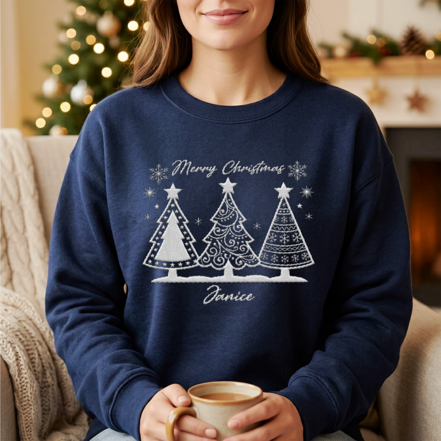 Personalized Merry Christmas Embroidered Christmas Tree Sweatshirt