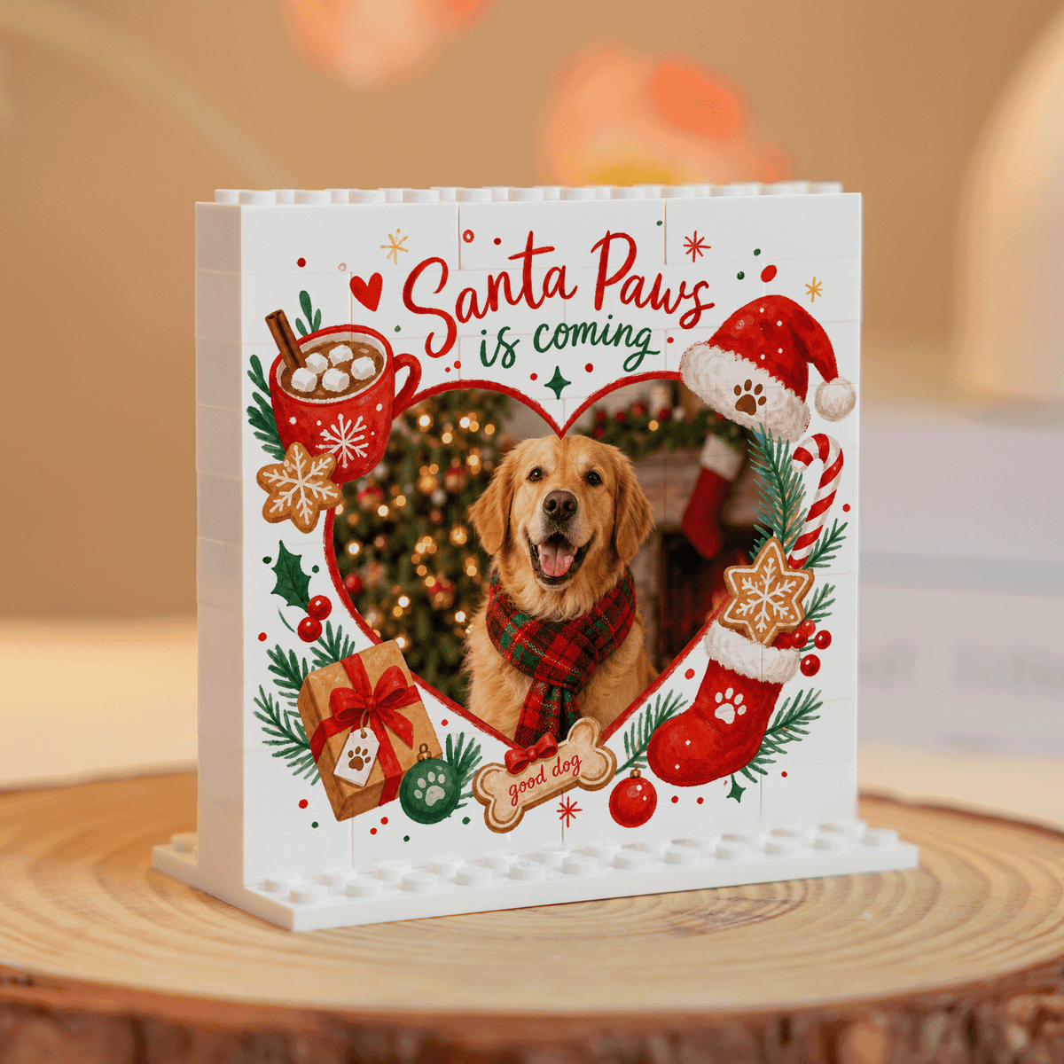 Personalized Photo Christmas Building Block in Cream White, Custom Dog Photo Santa Paws is Coming Heart Frame Brick Puzzle Keepsake Decor, Holiday Gift for Pet Lovers