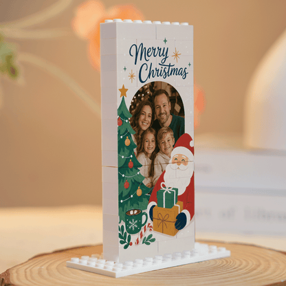 Personalized Photo Christmas Building Block in Vertical White, Custom Family Picture Santa & Christmas Tree Brick Puzzle Keepsake Decor, Festive Holiday Desk Gift
