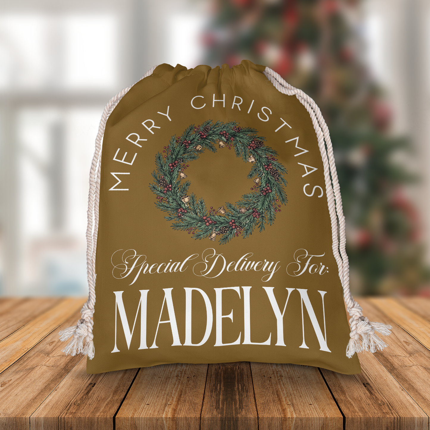 Personalized Merry Christmas Wreath Christmas Sack with Custom Name