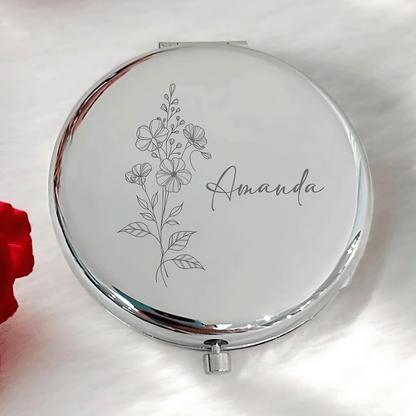 Personalized Birth Flower Engraved Compact Mirror – Meaningful Gift for Her | Valentine’s Day, Mother’s Day, Birthday Keepsake