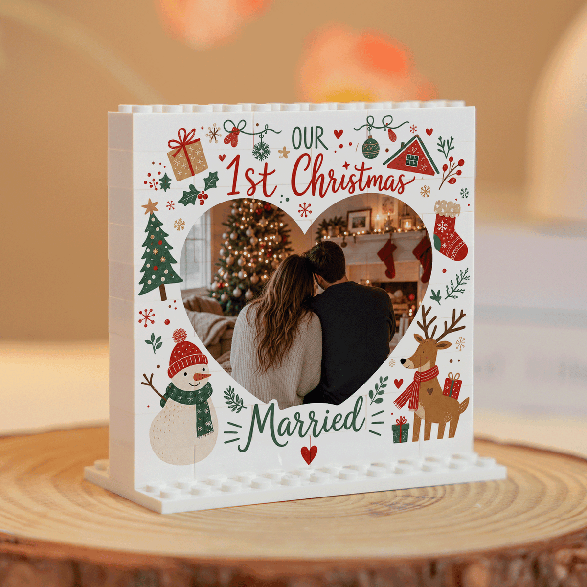 Personalized Photo Christmas Building Block in Cream White, Custom Couple First Christmas Married Photo Heart Shape Snowman & Reindeer Brick Puzzle Keepsake Decor, Holiday Gift for Newlyweds
