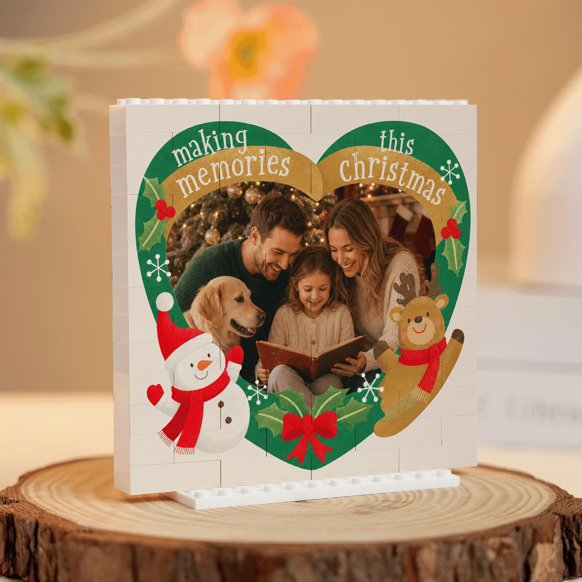 Personalized Photo Christmas Building Block in White, Custom Family Picture Reindeer & Snowman Heart Brick Puzzle Keepsake Decor, Festive Holiday Desk Gift