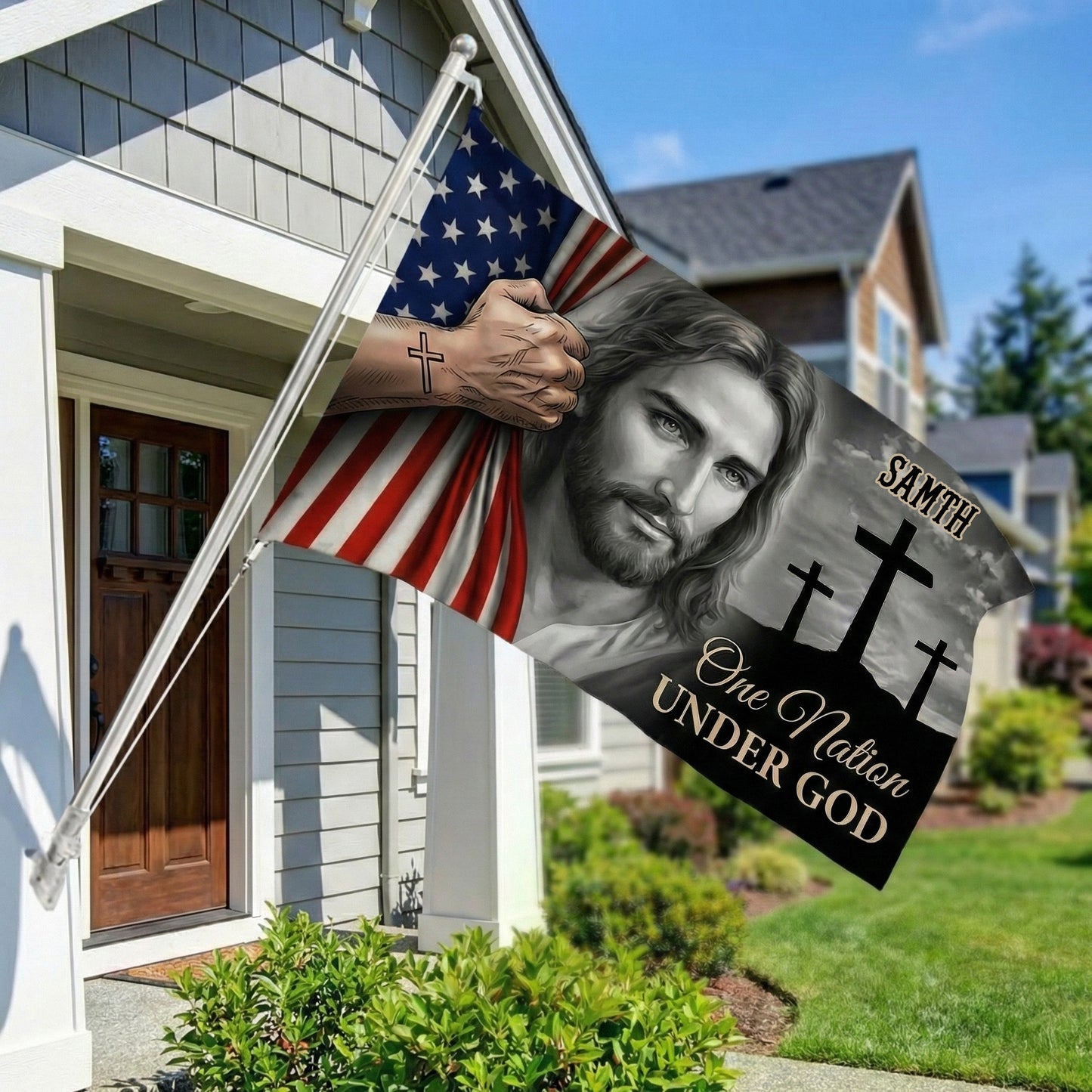 Personalized Family Name One Nation Under God Banner House Flag