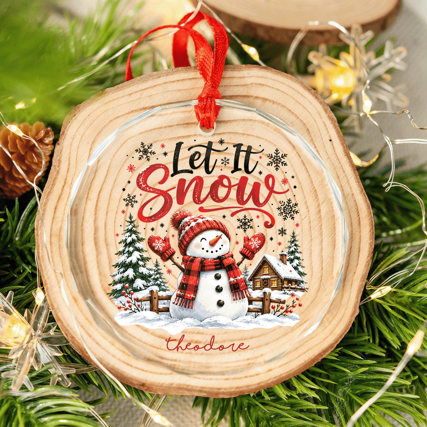Personalized Let It Snow Glass Christmas Ornament, Custom Name Snowman Holiday Gift