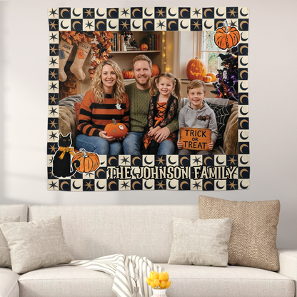 Personalized Halloween Celestial Moon Star Photo Tapestry, Custom Family Photo Name Wall Hanging Decor, Spooky Black Cat Pumpkin Party Backdrop