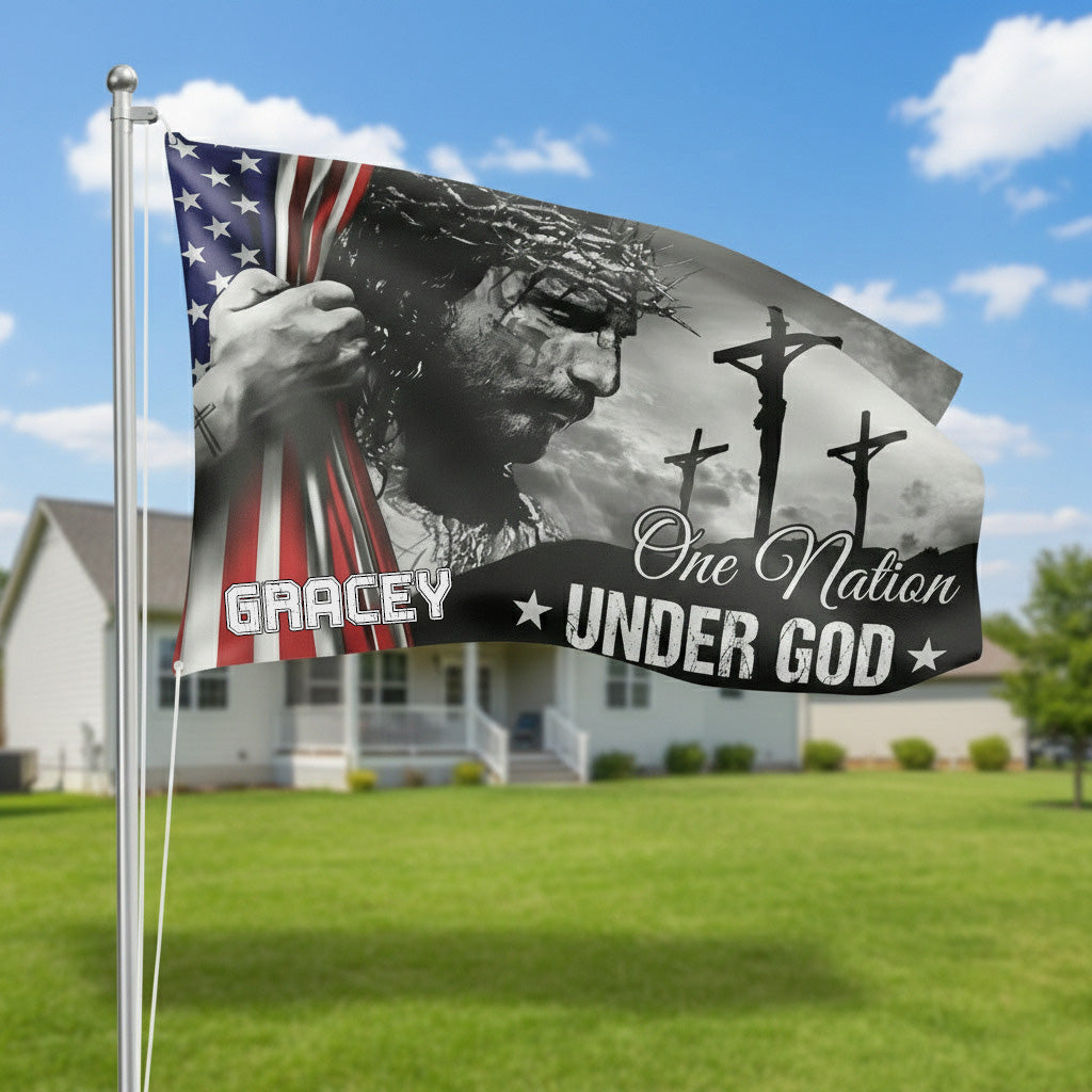 One Nation Under God With Family Name - Personalized Banner House Flag