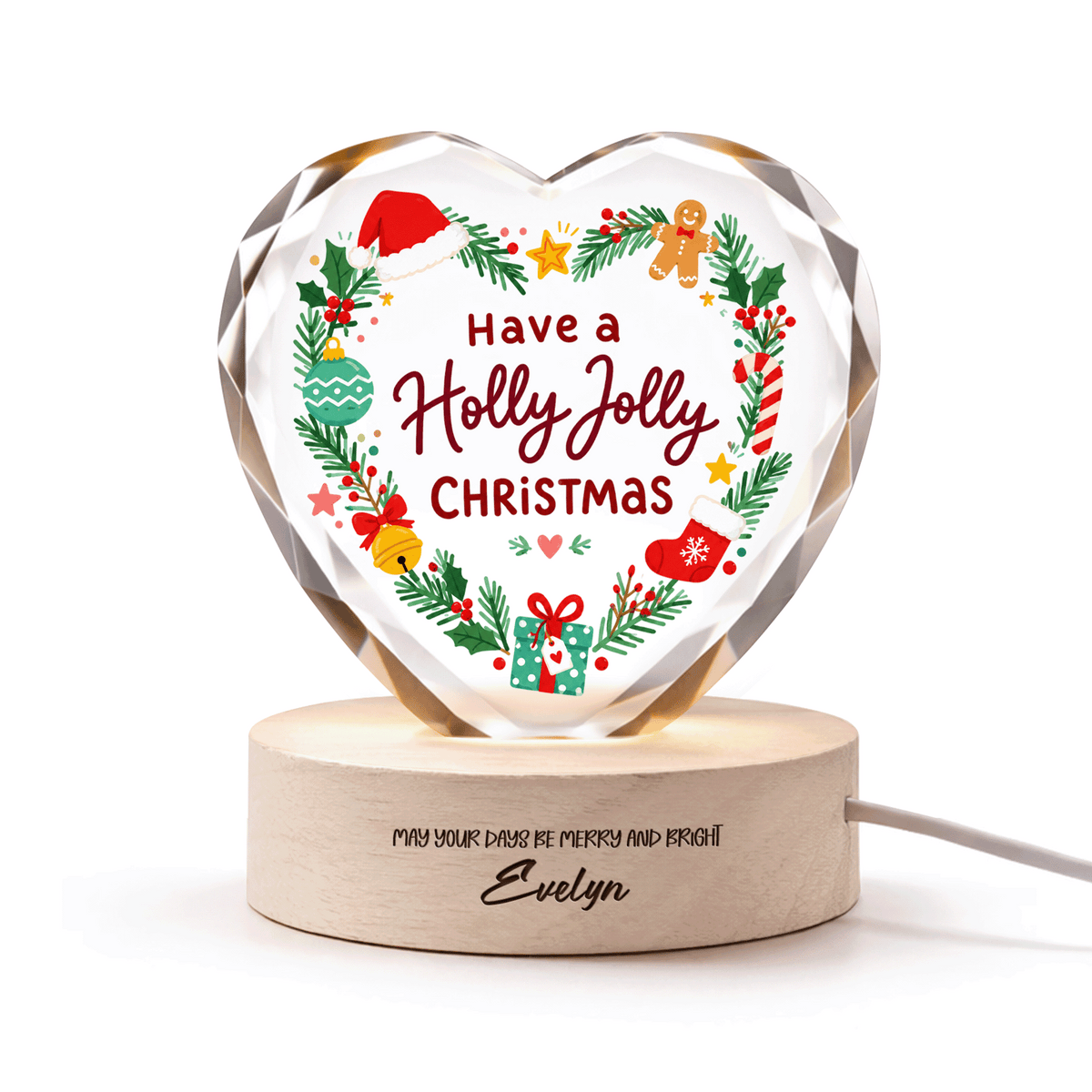Custom Have A Holly Jolly Christmas Wreath 3D Laser Engraved Crystal Heart with LED Wooden Standee, Personalized Name Holiday Night Light Keepsake
