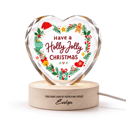 Custom Have A Holly Jolly Christmas Wreath 3D Laser Engraved Crystal Heart with LED Wooden Standee, Personalized Name Holiday Night Light Keepsake