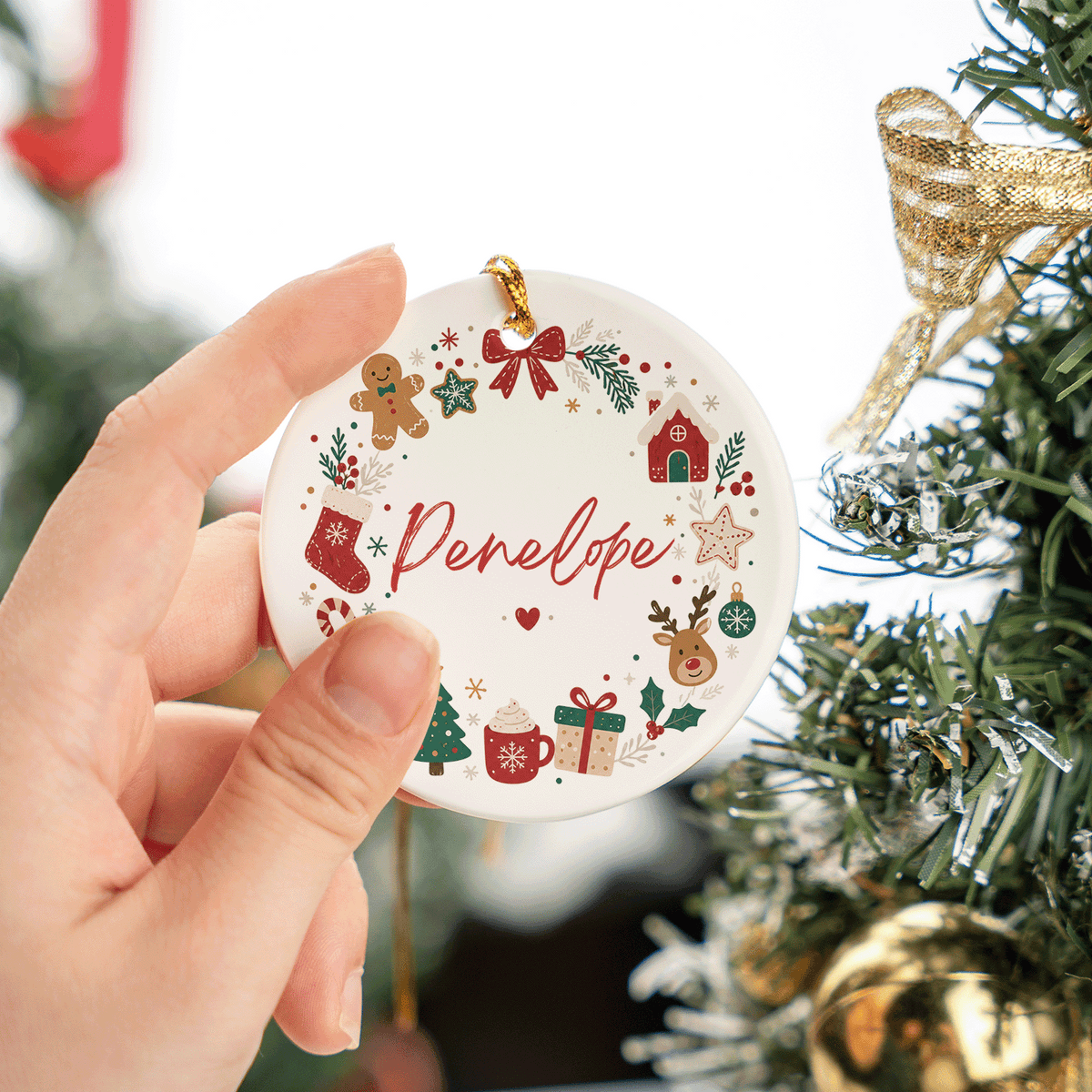 Hand holding the round Christmas icon wreath name ornament