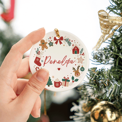Hand holding the round Christmas icon wreath name ornament